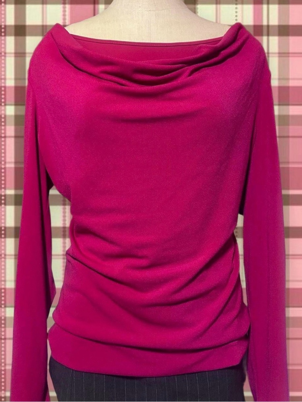 Office Siren Fuchsia Draped Cowl Neck Long Sleeve Blouse Top